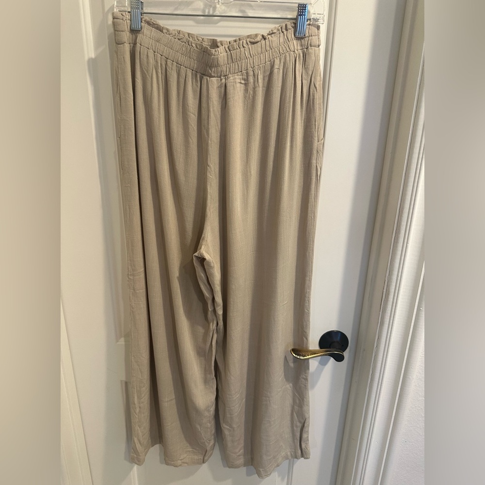 LuLaRoe Taupe Wide Leg Tie Pants with elastic waist size Medium - Picture 2 of 5
